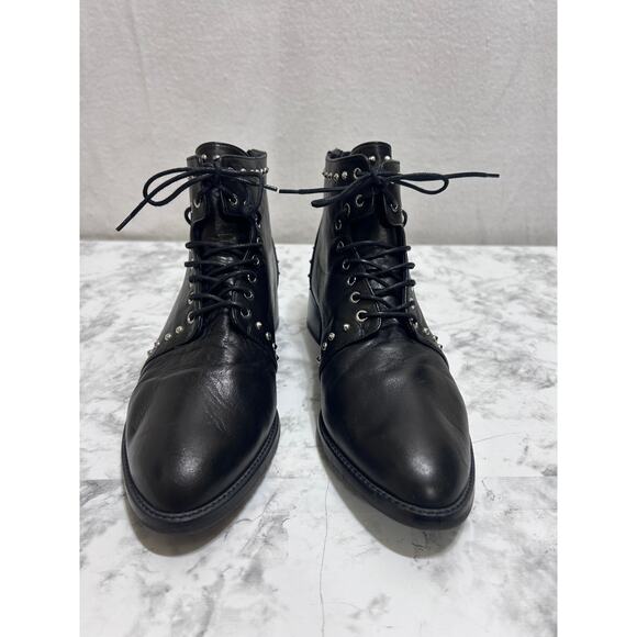 Stuart Weitzman Lashease Blk Leather Studded Ankle Boots 8.5 Lace Up Moto Grunge - Picture 5 of 11